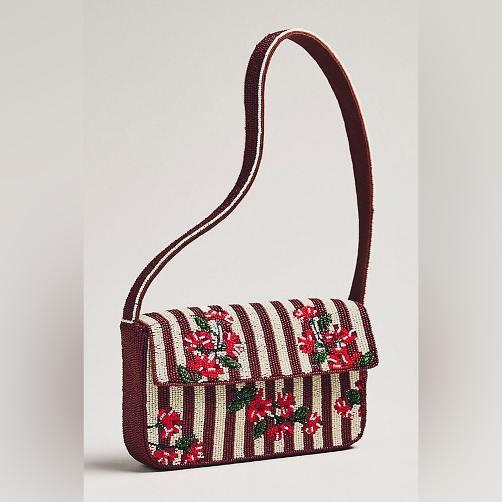 The Fiona Beaded Bag: Floral Edition Maroon Stripe